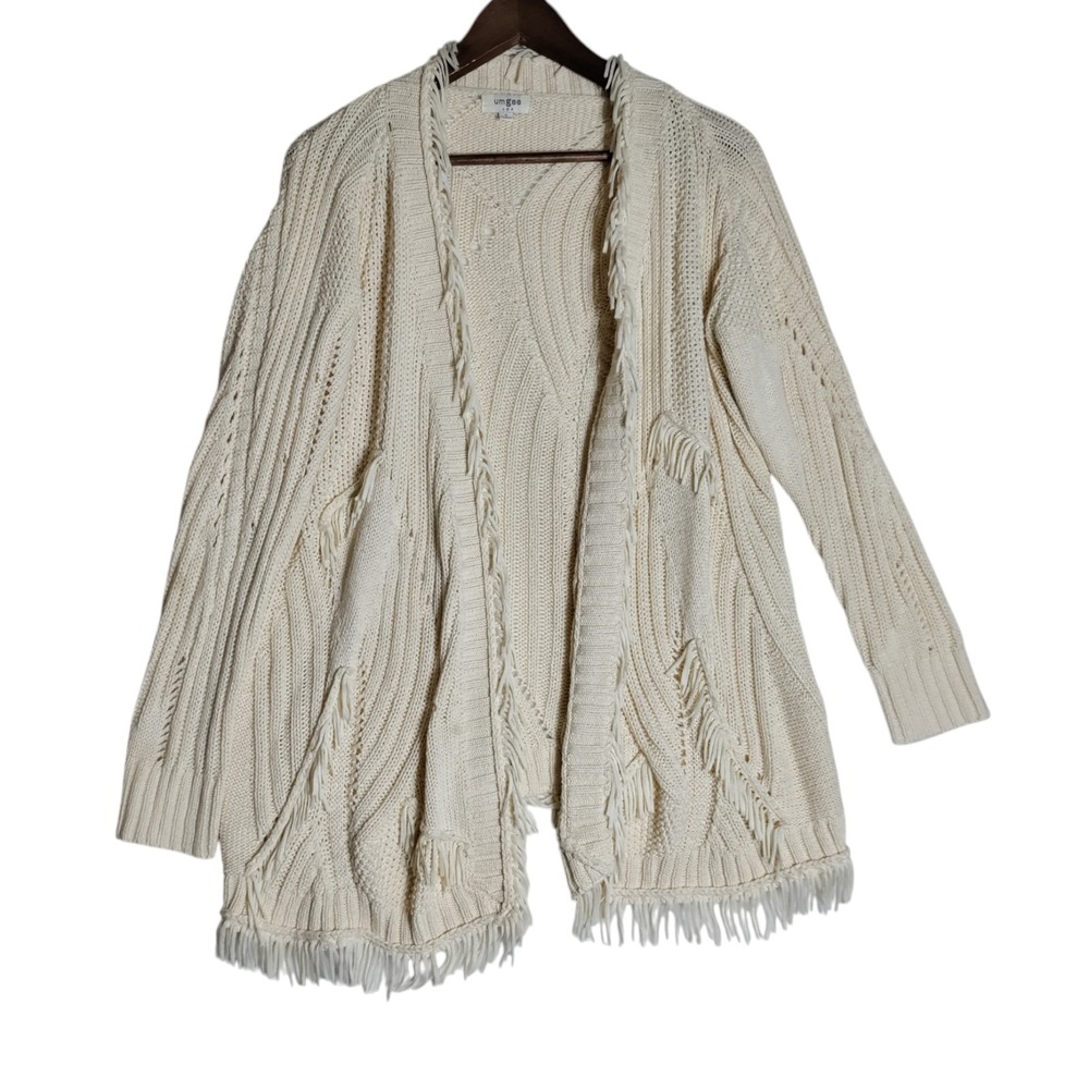 Umgee Cream Fringe Open Front Cardigan Size Small Cotton Blend